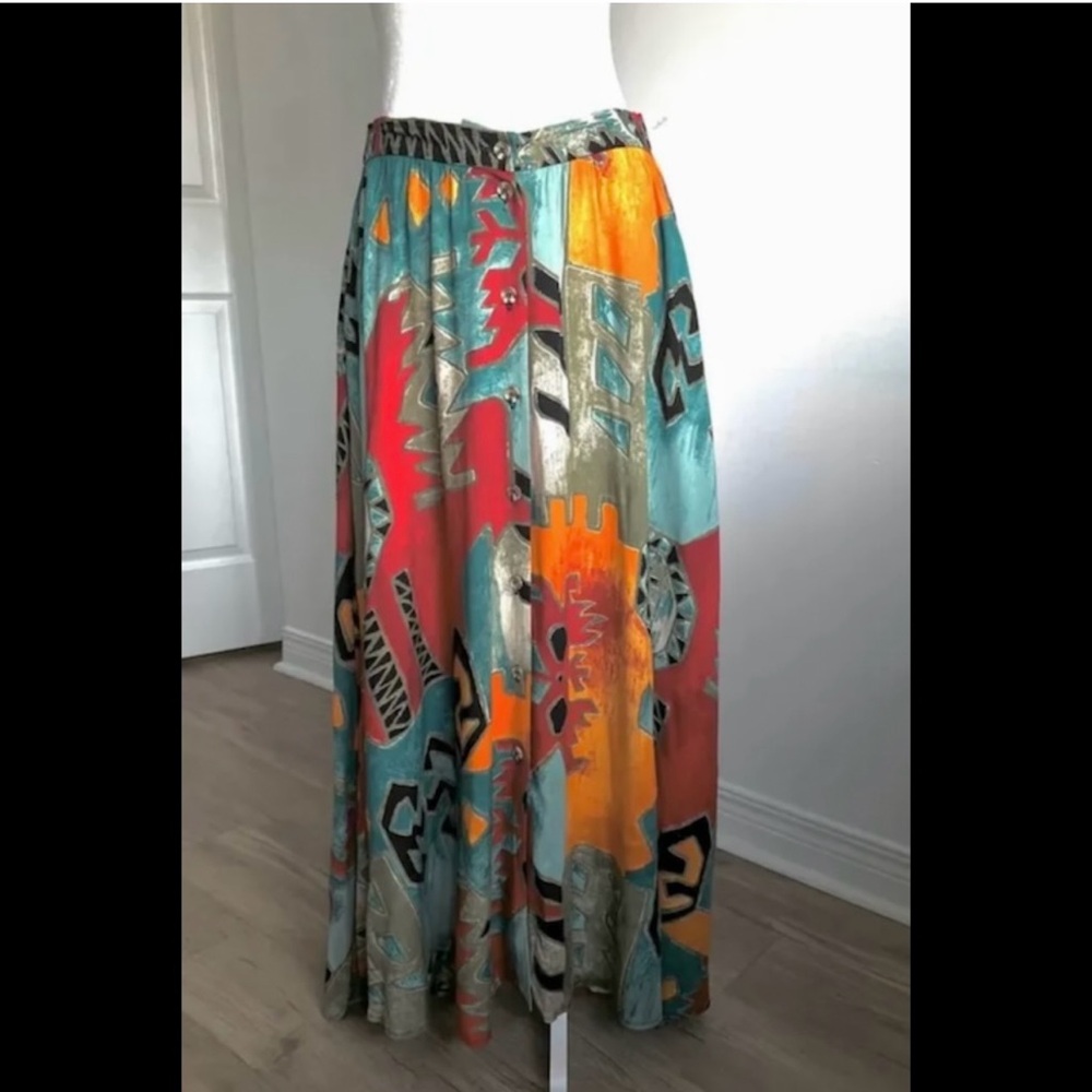🇨🇦 Vintage 90s Abstract Art Midi Skirt – Teal Red Orange• Suttles & Seawinds - Picture 13 of 16
